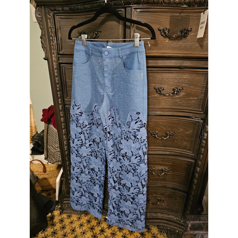 Nylon Apparel Rhinestone Studded Floral Lace Wide Leg Pants‎ Blue Small NWT
